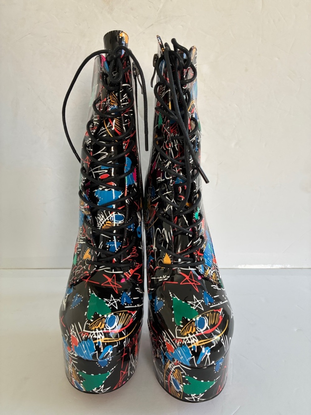 Black Multi-Color Graffiti Lace-Up Platform Ankle Boots Stiletto Shoe Size 9 NEW - Picture 4 of 8